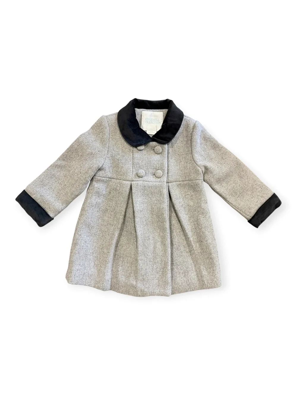 Edgehill Collection Toddler Gray Wool Blend Coat Black Velvet Collar + Cuffs 18M